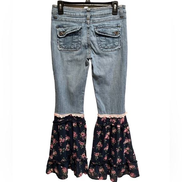 Upcycled Denim Jeans & Floral Ruffle Crop Top Set Boho Y2K One-of-a-Kind - Picture 5 of 13